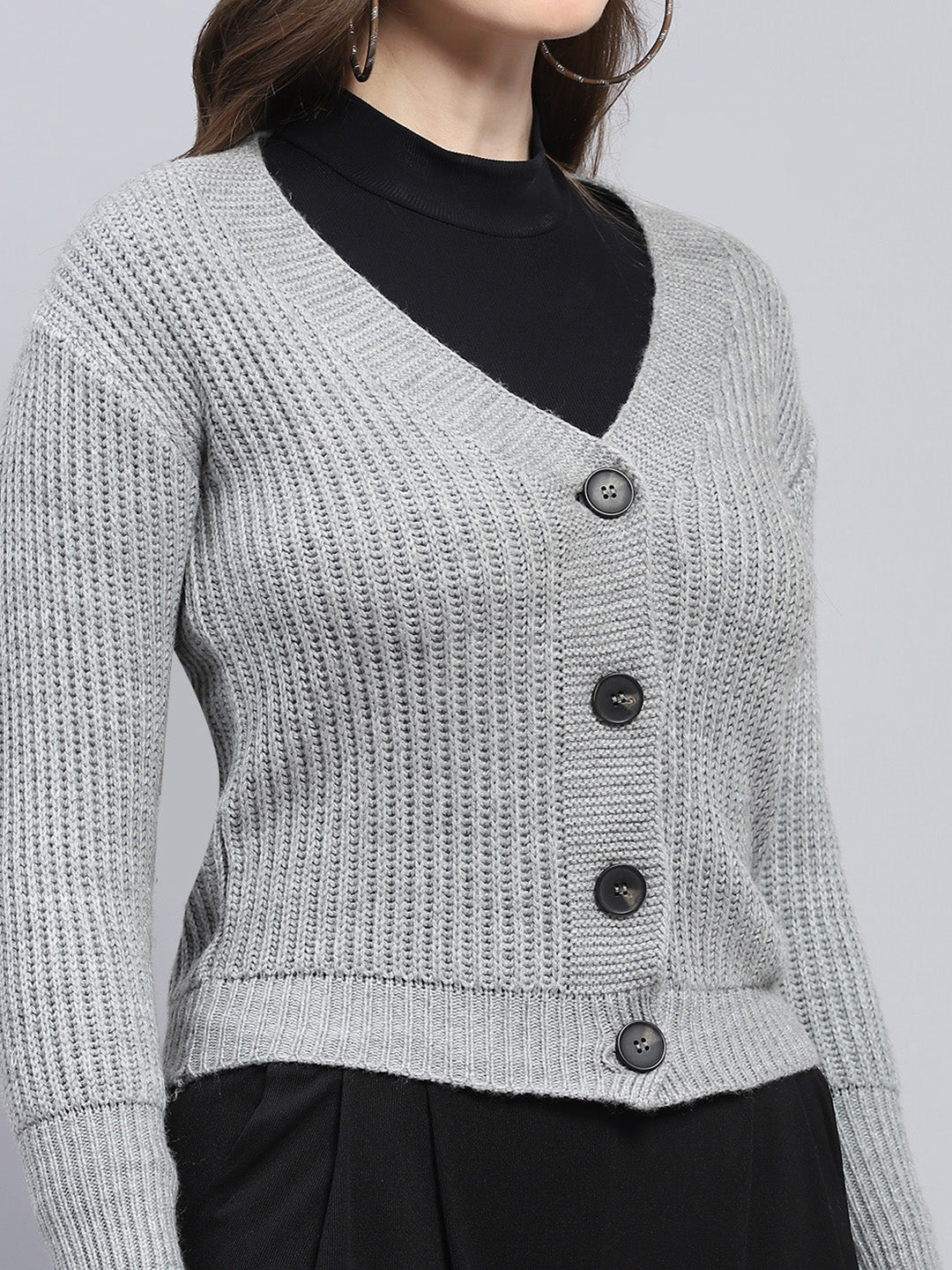 Women Grey Self Design V Neck Full Sleeve Cardigan