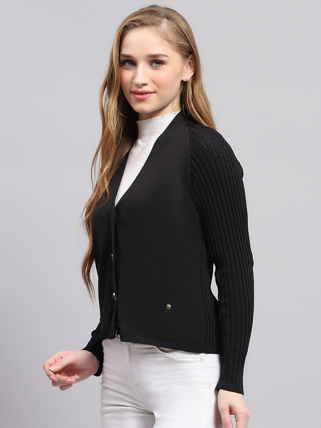 Women Black Solid V Neck Full Sleeve Cardigan