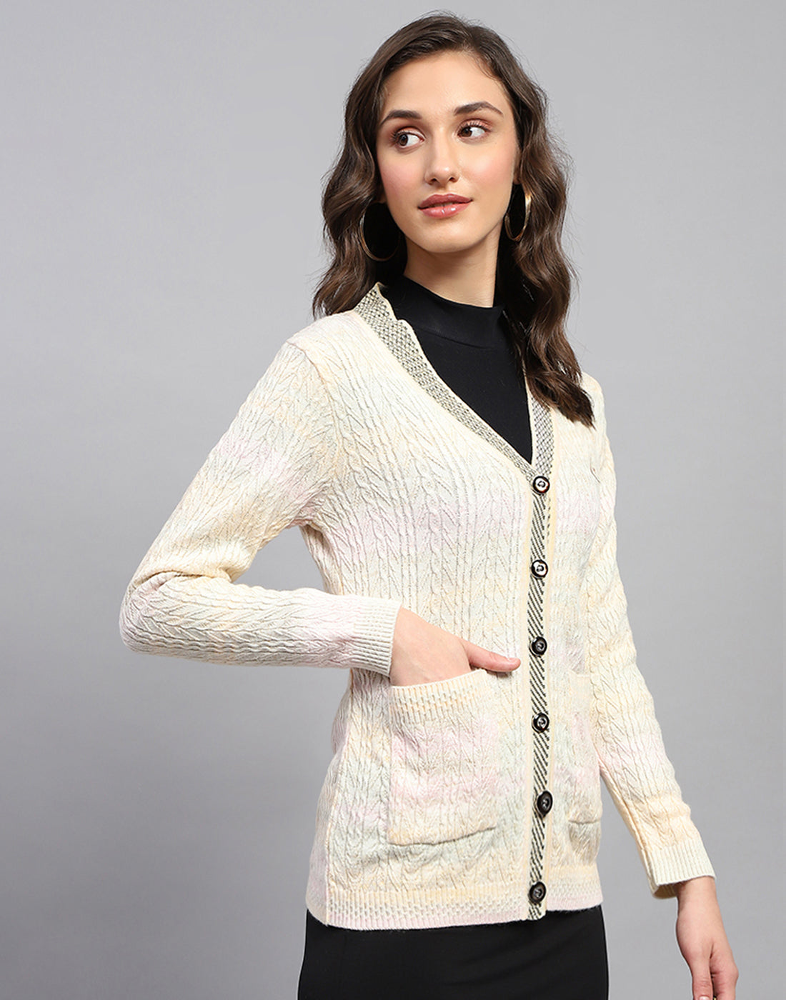 Women Multicolor Self Design V Neck Full Sleeve Cardigan