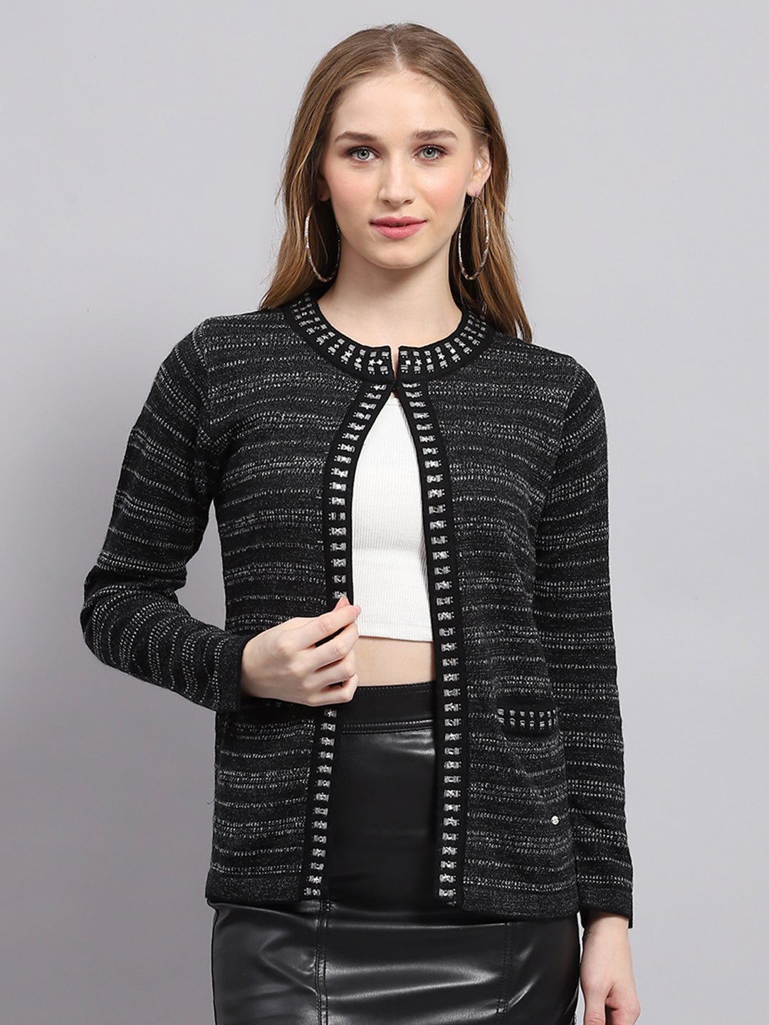 Women Black Self Design Round Neck Full Sleeve Cardigan