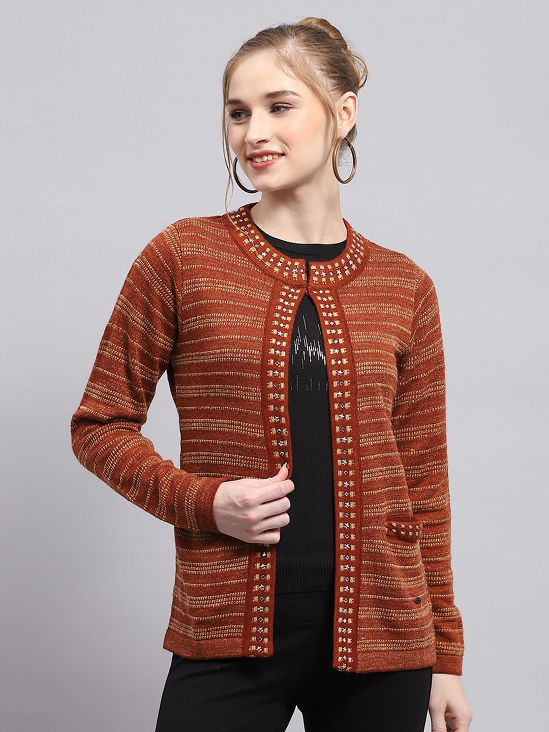 Women Rust Stripe Round Neck Full Sleeve Cardigan