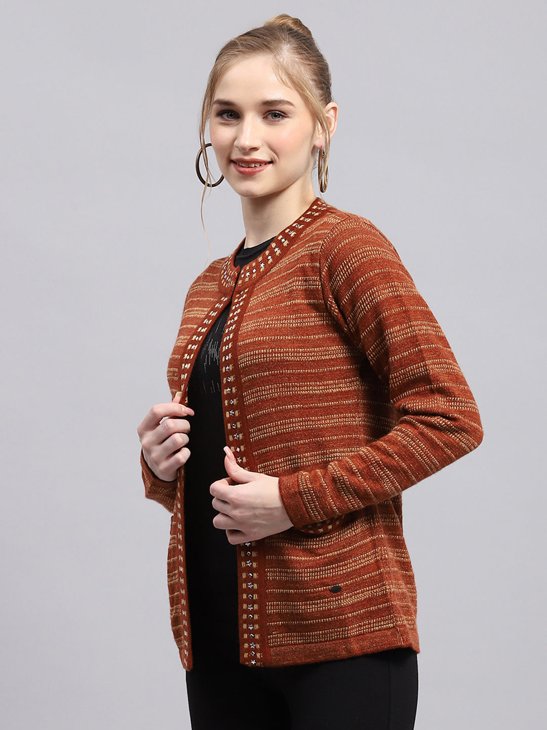 Women Rust Stripe Round Neck Full Sleeve Cardigan