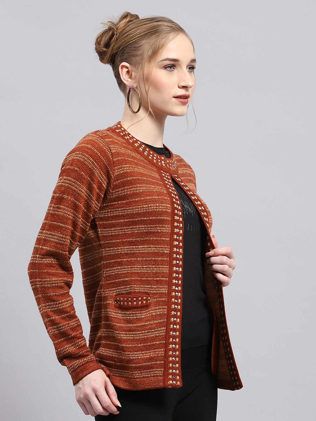 Women Rust Stripe Round Neck Full Sleeve Cardigan