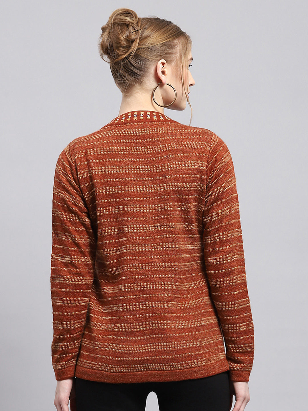 Women Rust Stripe Round Neck Full Sleeve Cardigan