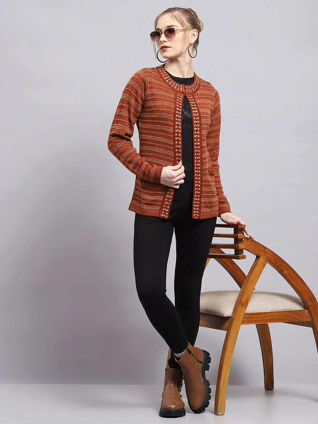 Women Rust Stripe Round Neck Full Sleeve Cardigan