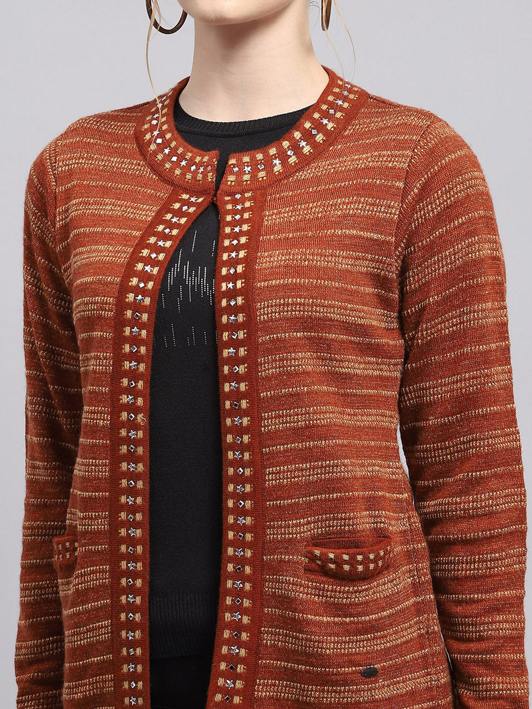 Women Rust Stripe Round Neck Full Sleeve Cardigan