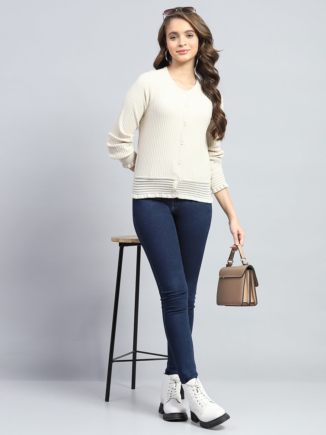 Women Beige Self Design Round Neck Full Sleeve Cardigan