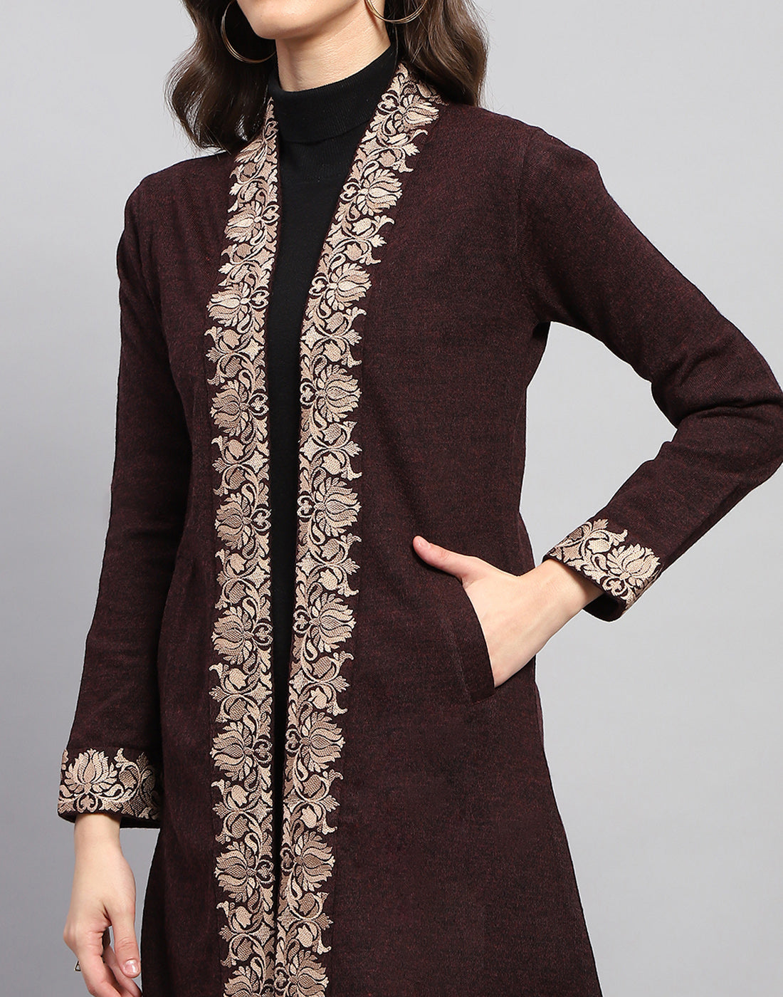 Women Maroon Self Design Front Open Full Sleeve Cardigan