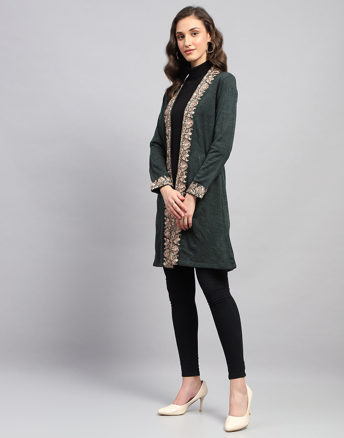 Women Green Self Design Front Open Full Sleeve Cardigan