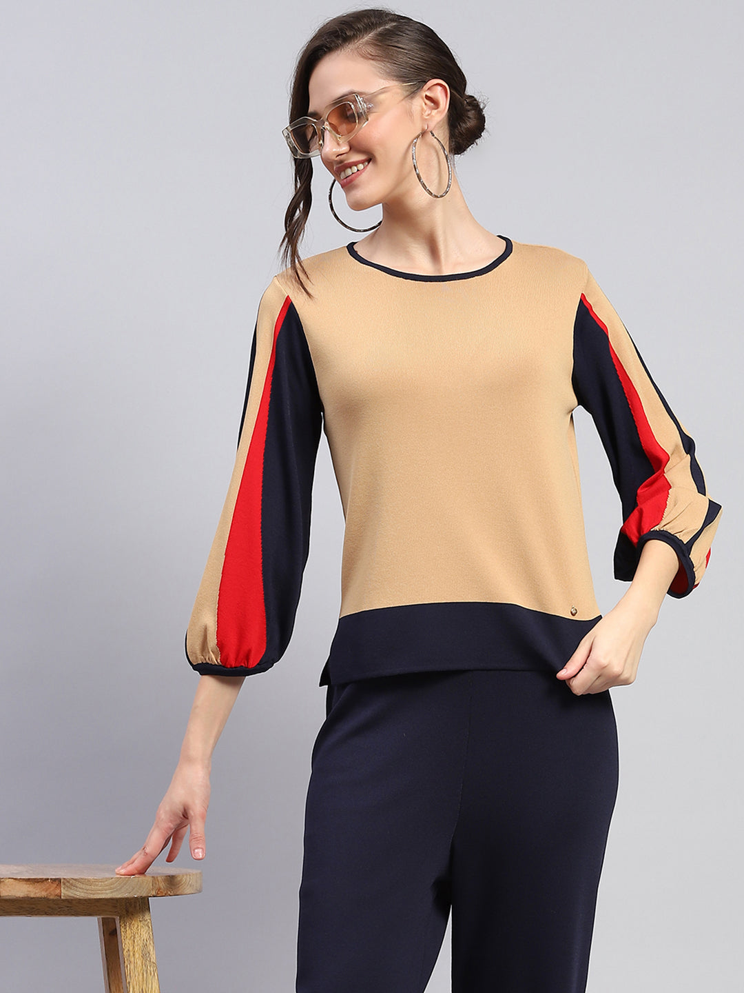 Women Beige Solid Round Neck Full Sleeve Cords Set