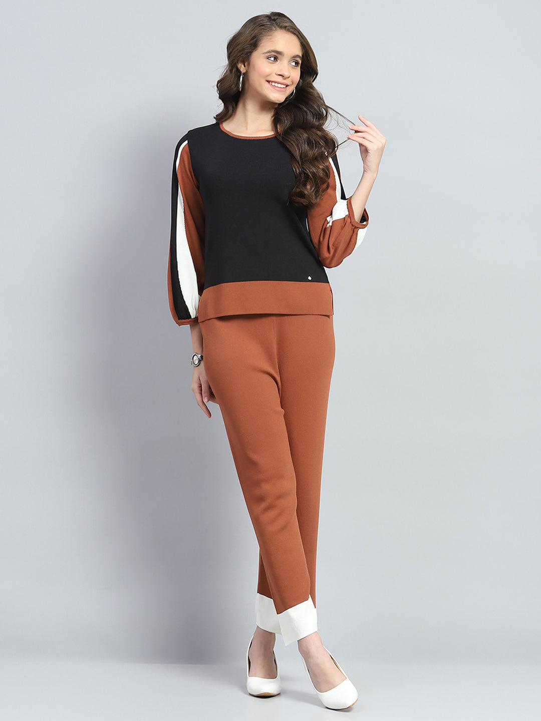 Women Rust Solid Round Neck Full Sleeve Cords Set