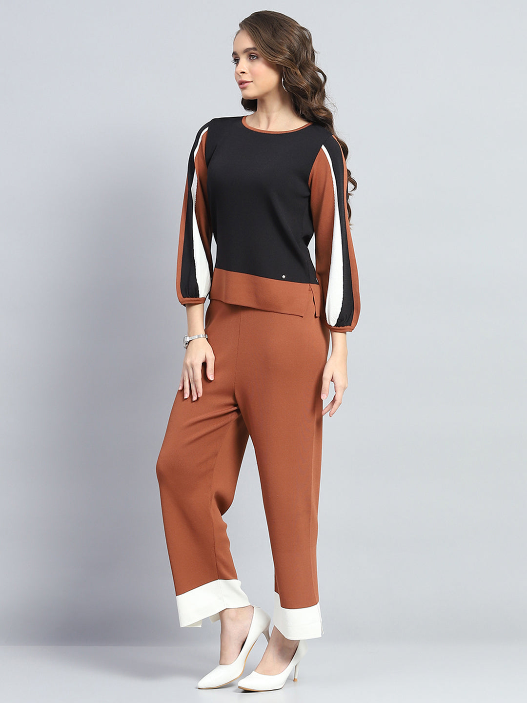 Women Rust Solid Round Neck Full Sleeve Cords Set