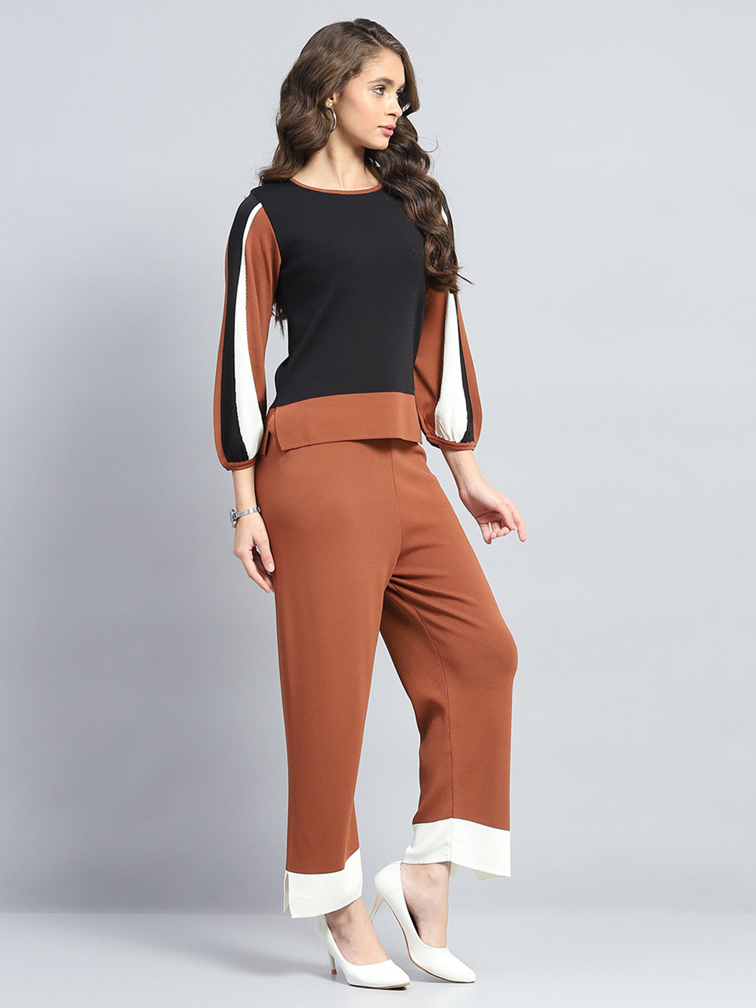 Women Rust Solid Round Neck Full Sleeve Cords Set