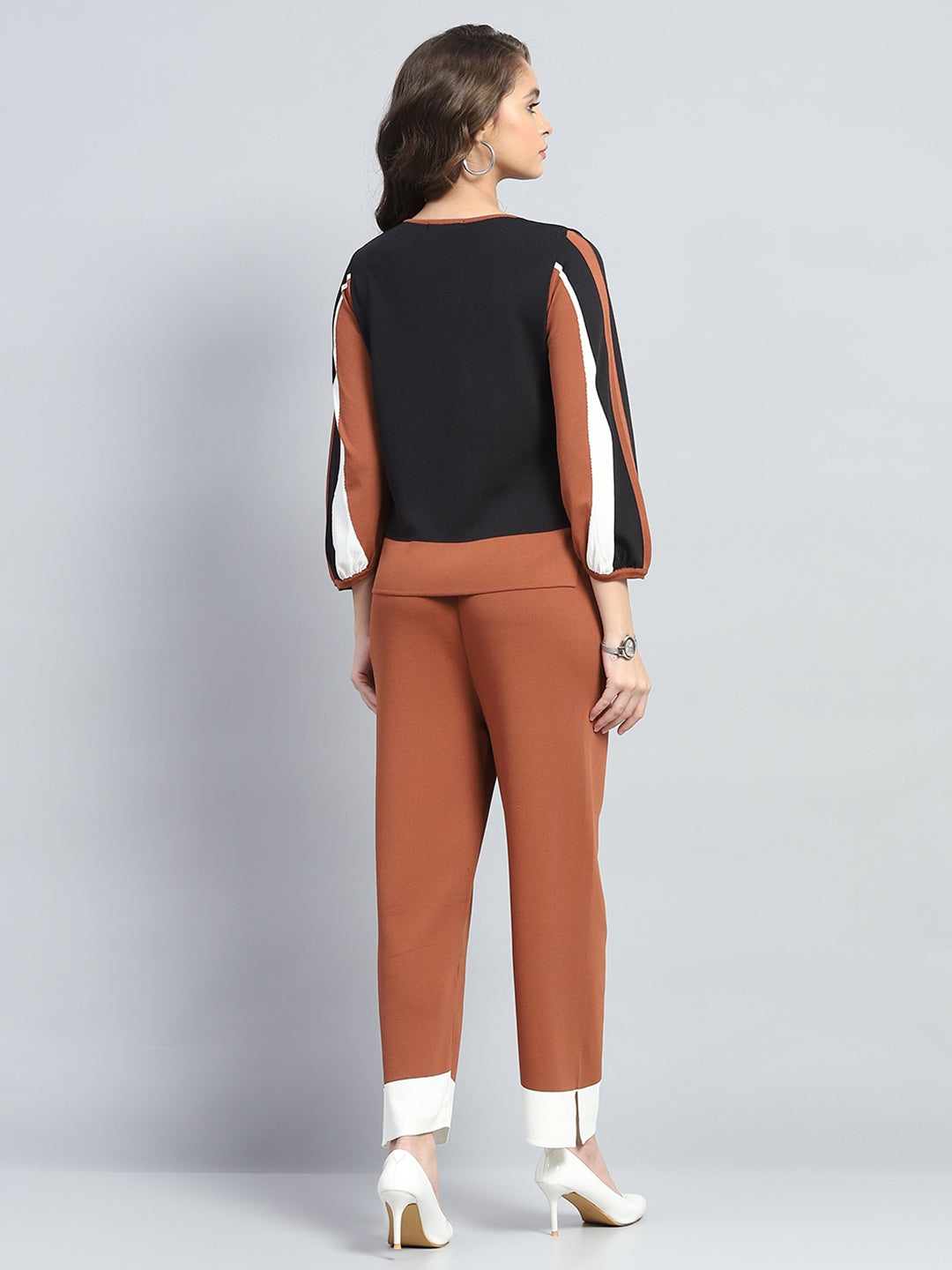 Women Rust Solid Round Neck Full Sleeve Cords Set