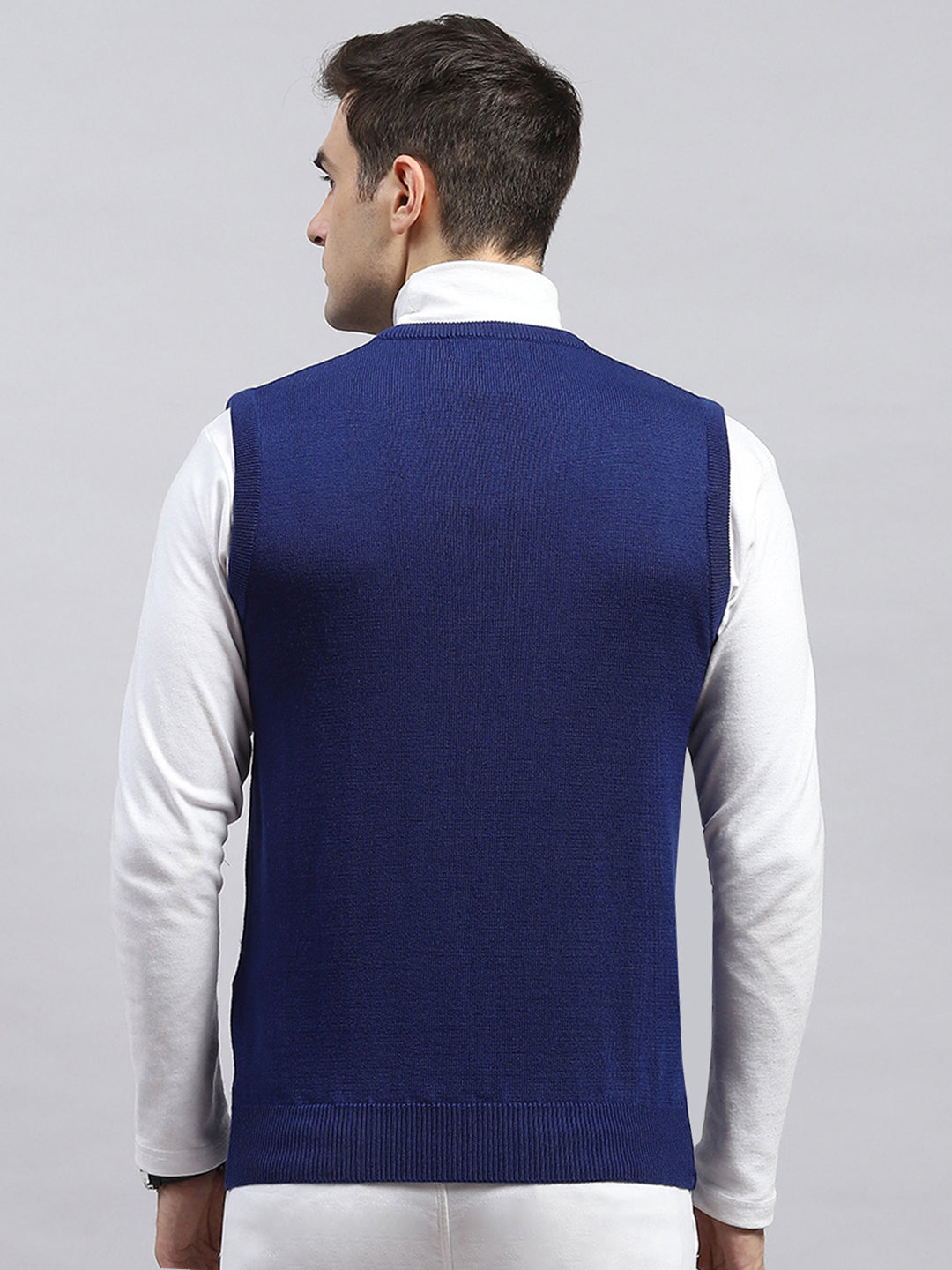 Men Blue Solid V Neck Sleeveless Sweater