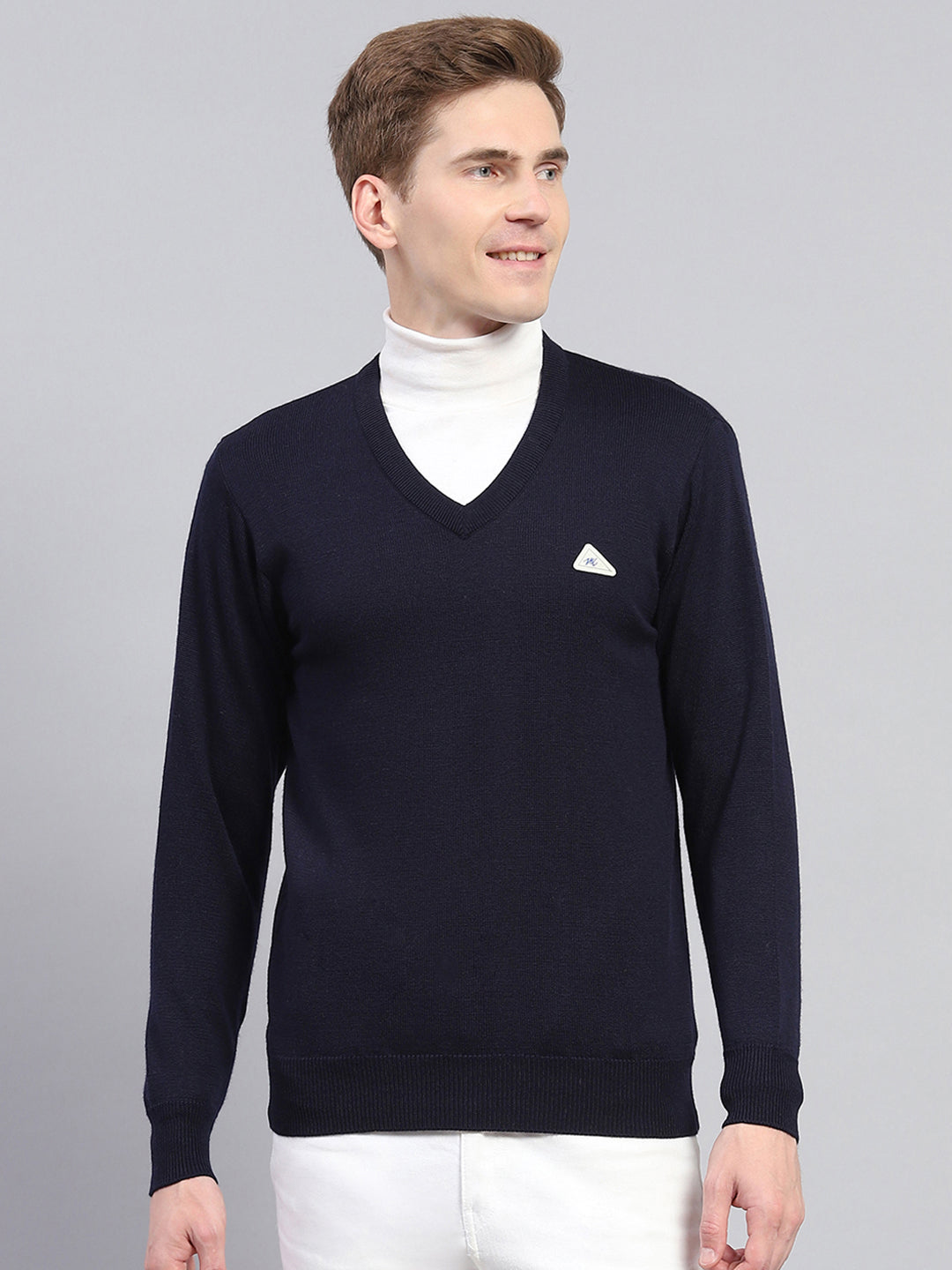 Men Navy Blue Solid V Neck Full Sleeve Pullover