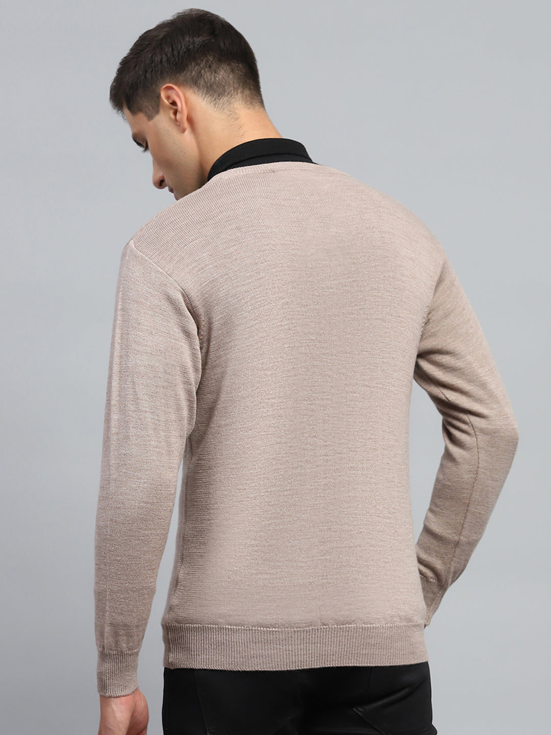 Men Beige Solid V Neck Full Sleeve Pullover