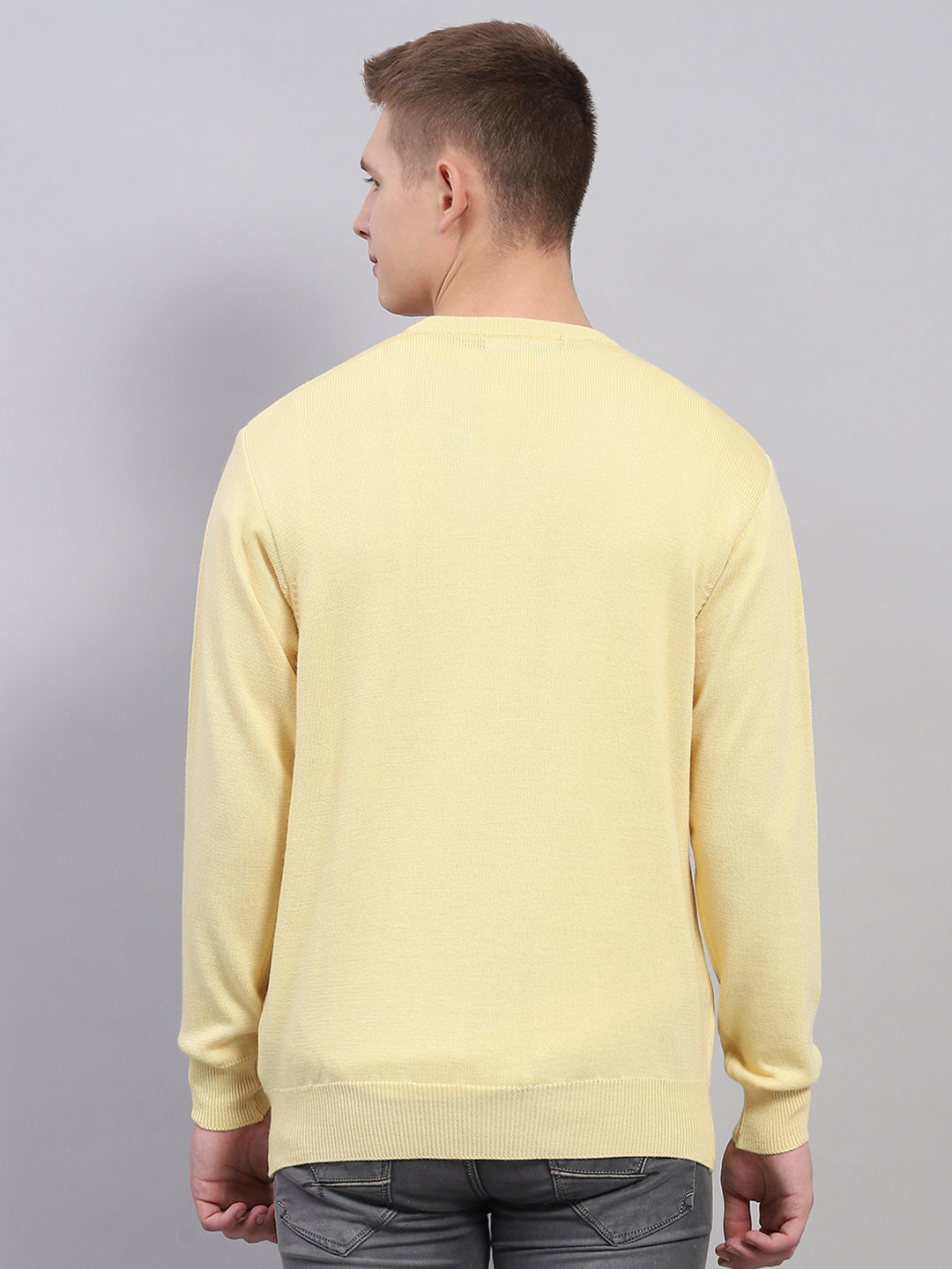 Men Yellow Solid V Neck Full Sleeve Pullover