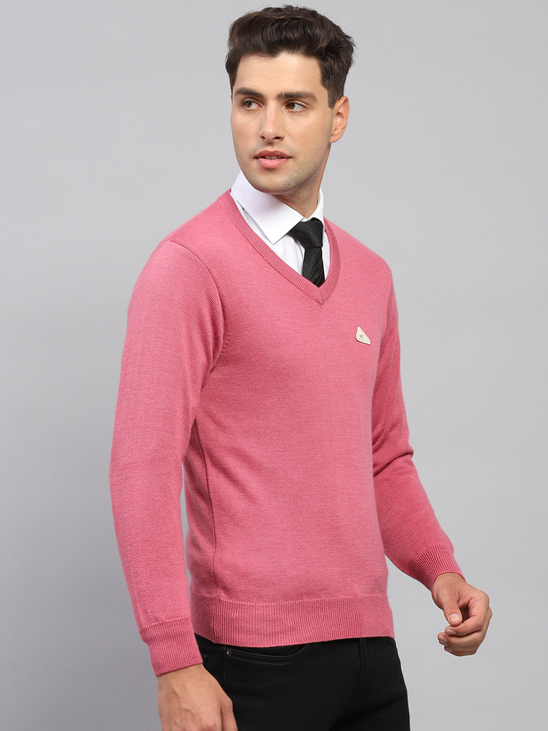 Men Pink Solid V Neck Full Sleeve Pullover