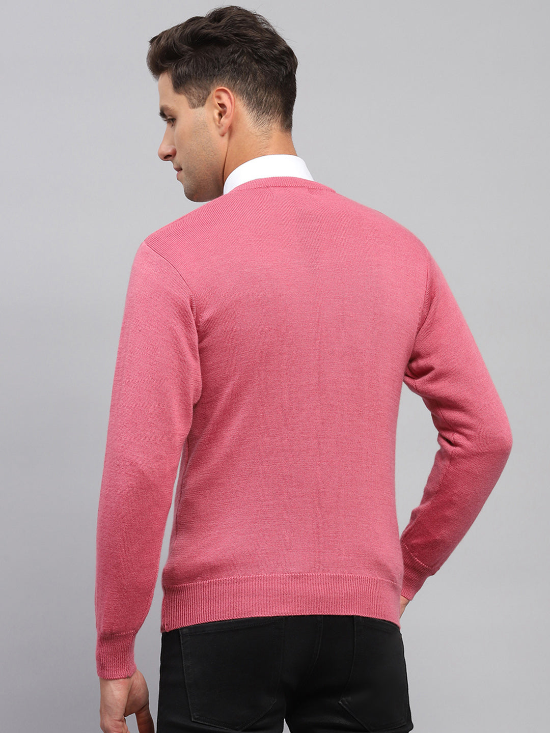 Men Pink Solid V Neck Full Sleeve Pullover