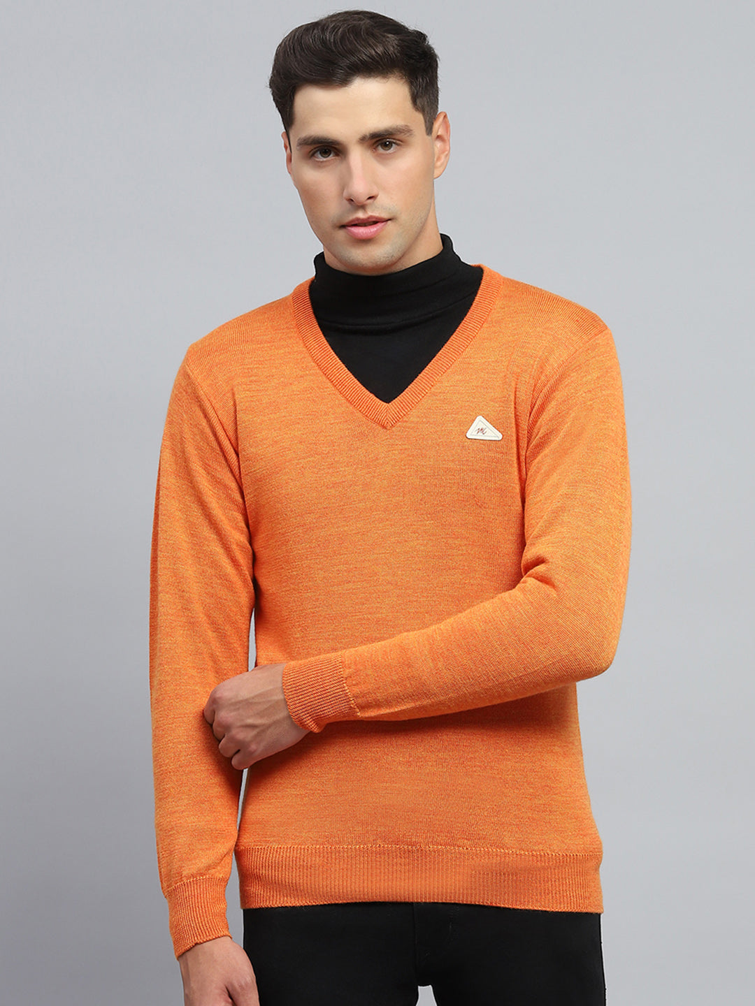 Men Orange Solid V Neck Full Sleeve Pullover