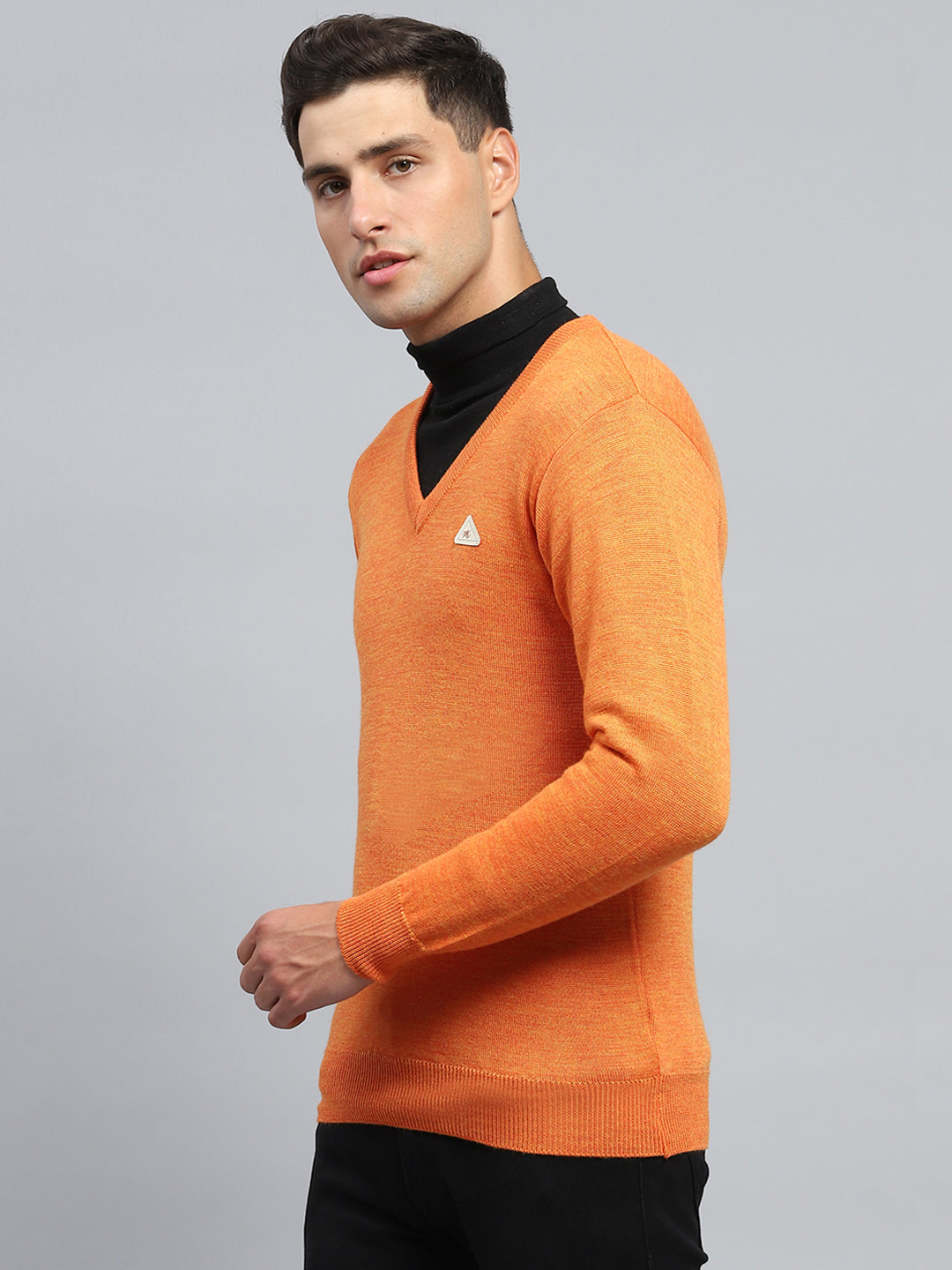 Men Orange Solid V Neck Full Sleeve Pullover