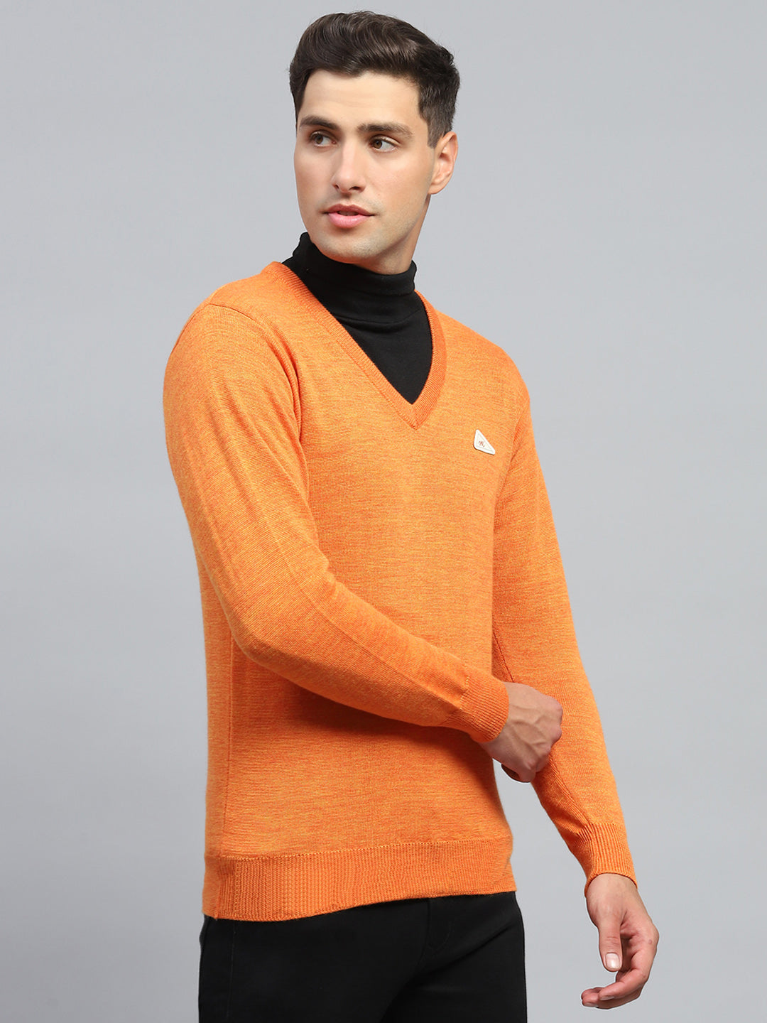 Men Orange Solid V Neck Full Sleeve Pullover