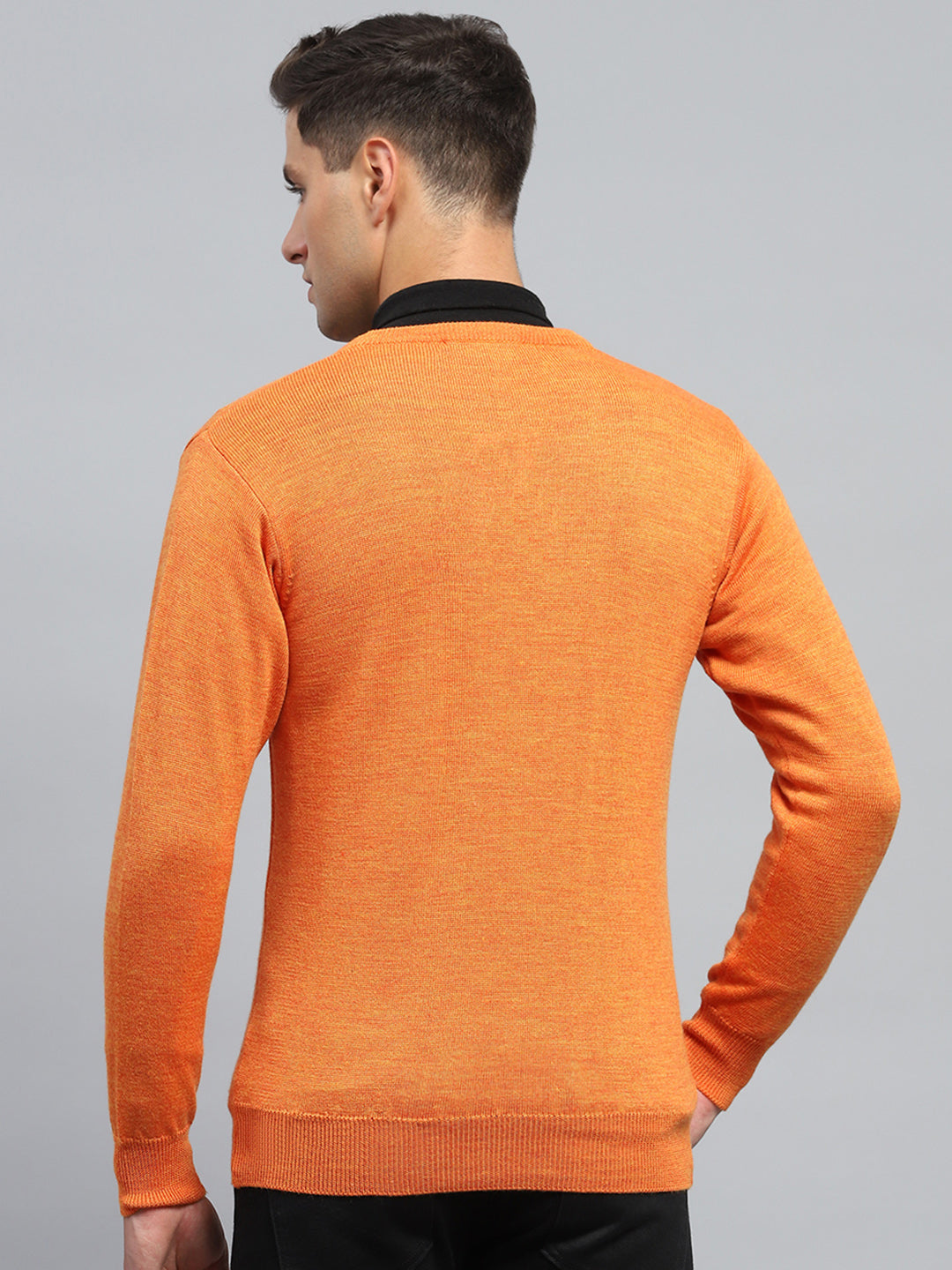 Men Orange Solid V Neck Full Sleeve Pullover