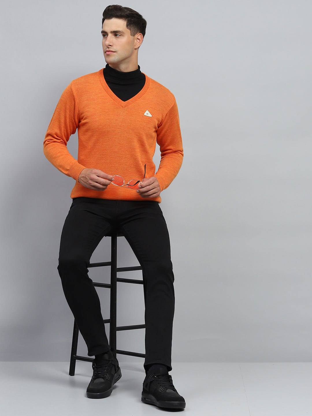 Men Orange Solid V Neck Full Sleeve Pullover