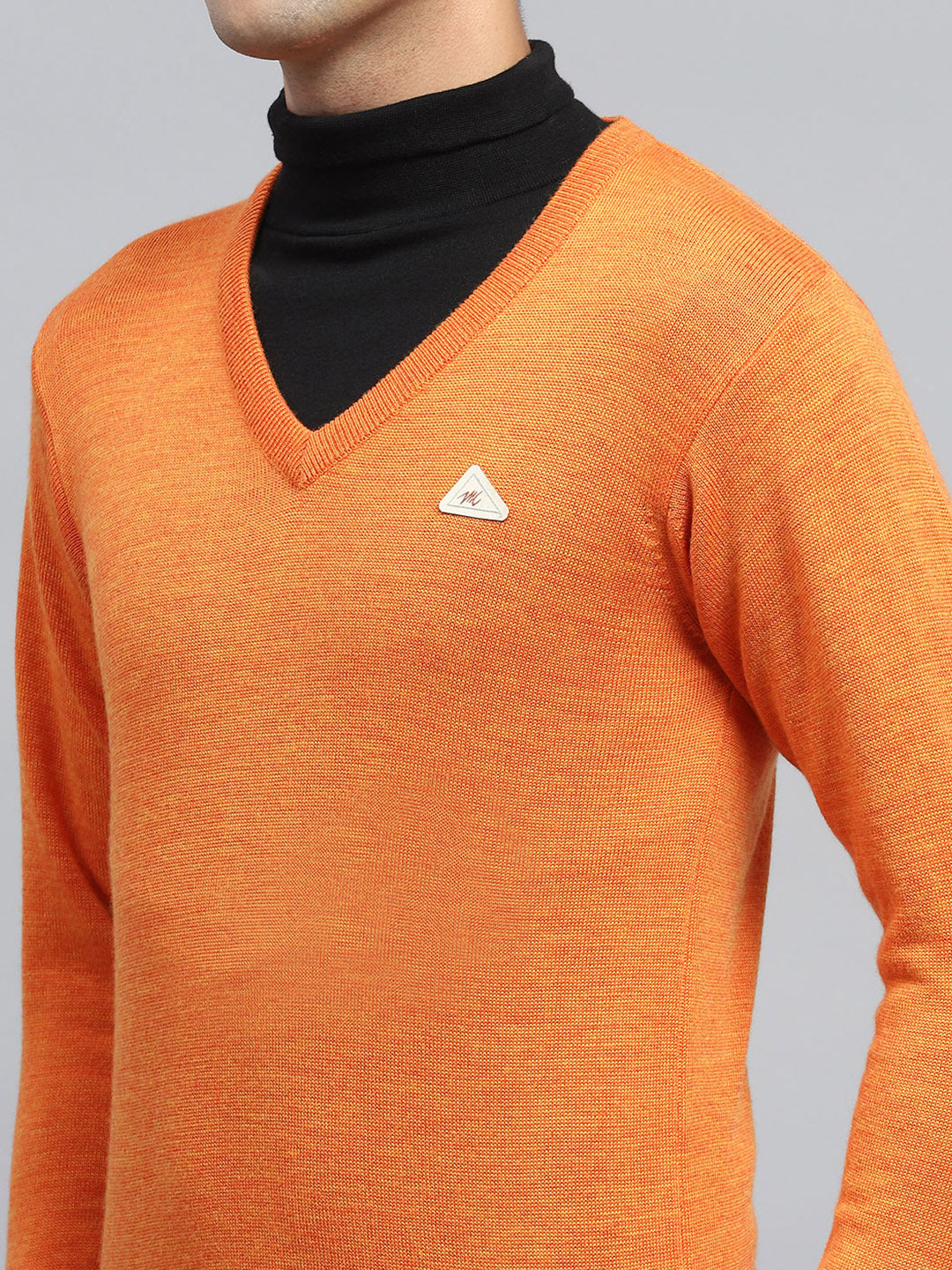 Men Orange Solid V Neck Full Sleeve Pullover