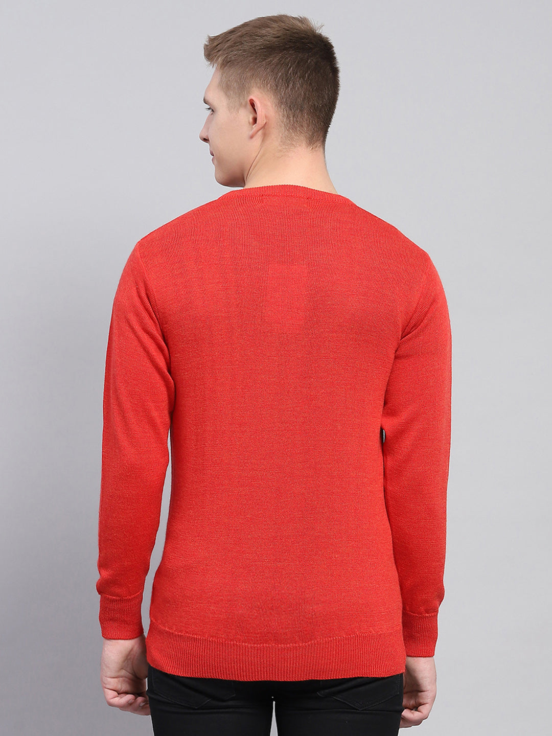 Men Red Solid V Neck Full Sleeve Pullover