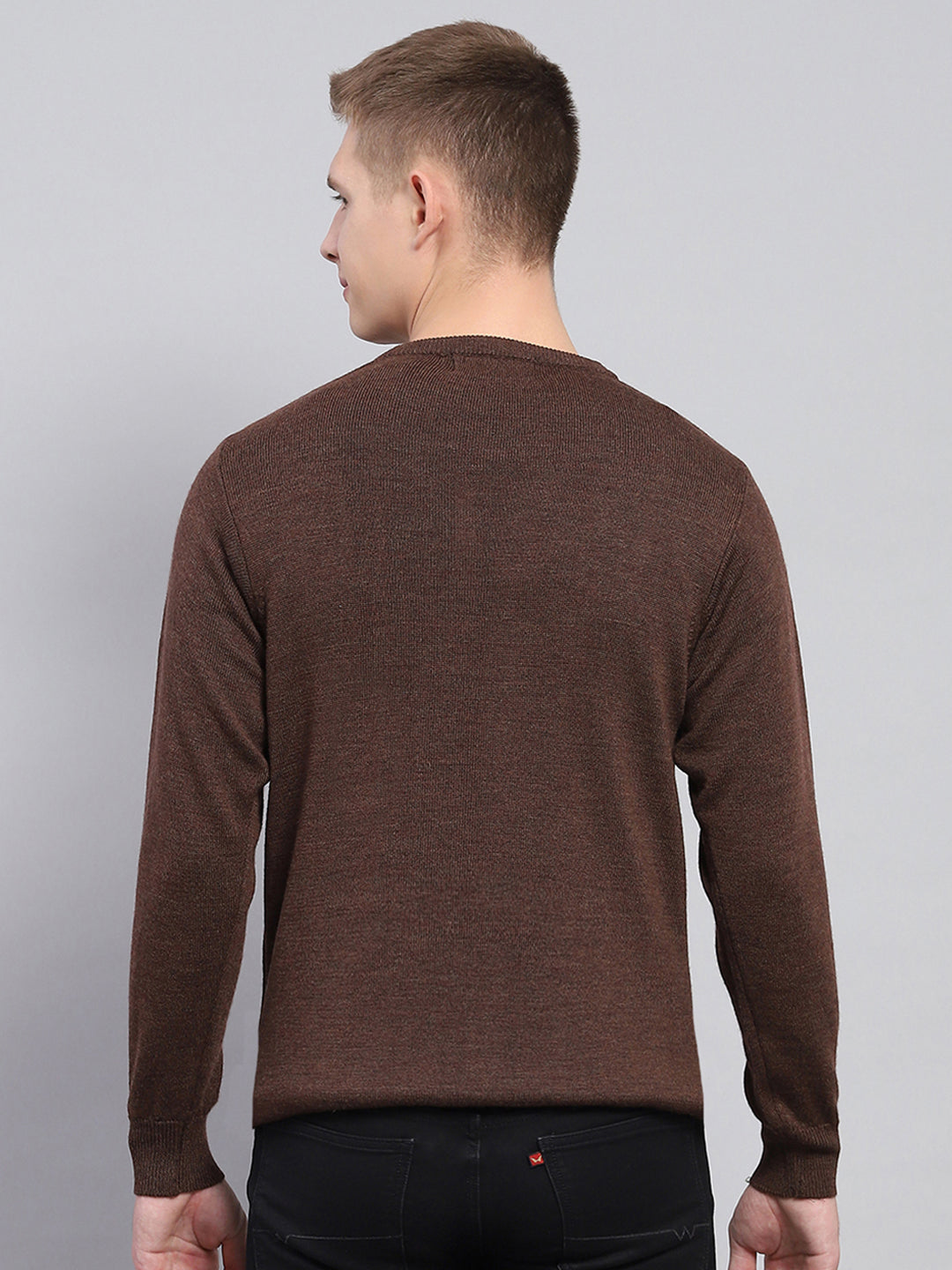 Men Brown Solid V Neck Full Sleeve Pullover