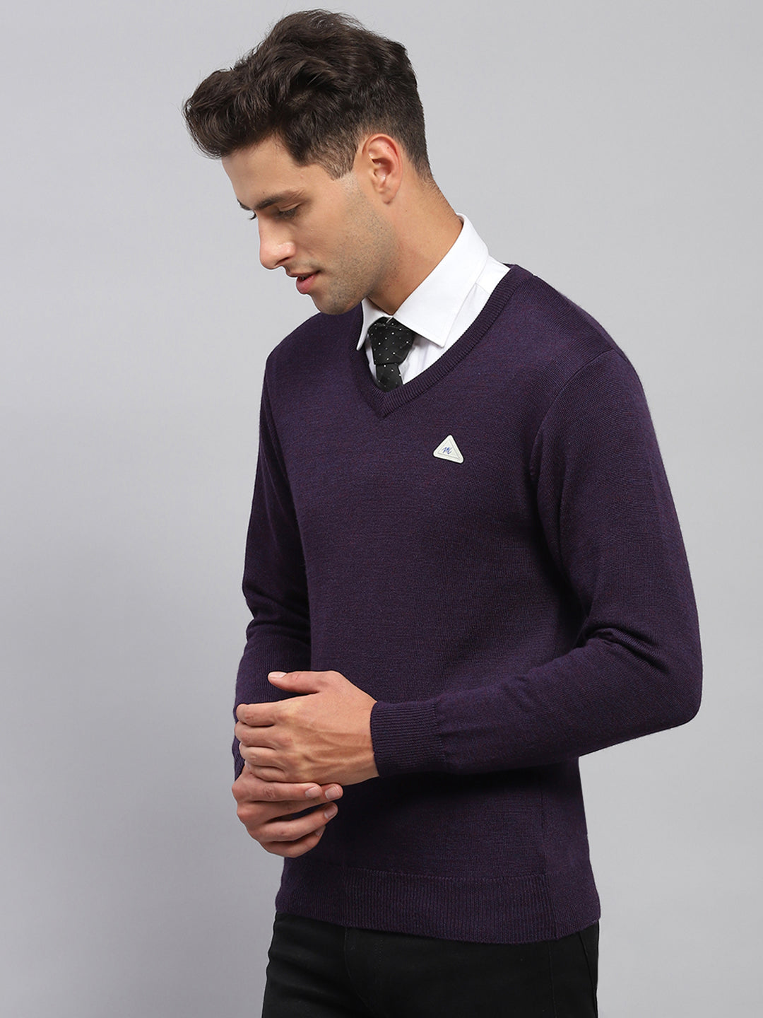 Men Purple Solid V Neck Full Sleeve Pullover