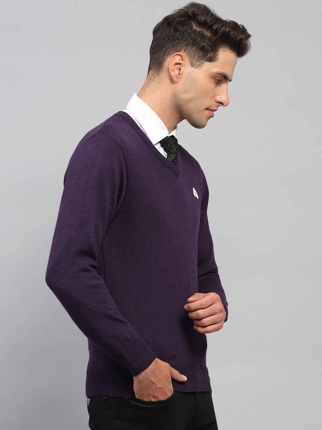 Men Purple Solid V Neck Full Sleeve Pullover