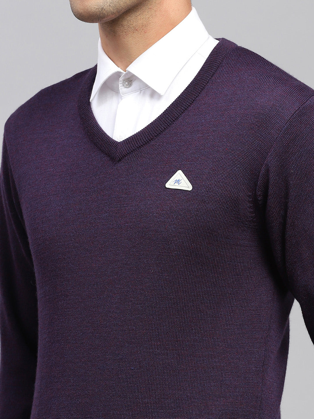 Men Purple Solid V Neck Full Sleeve Pullover