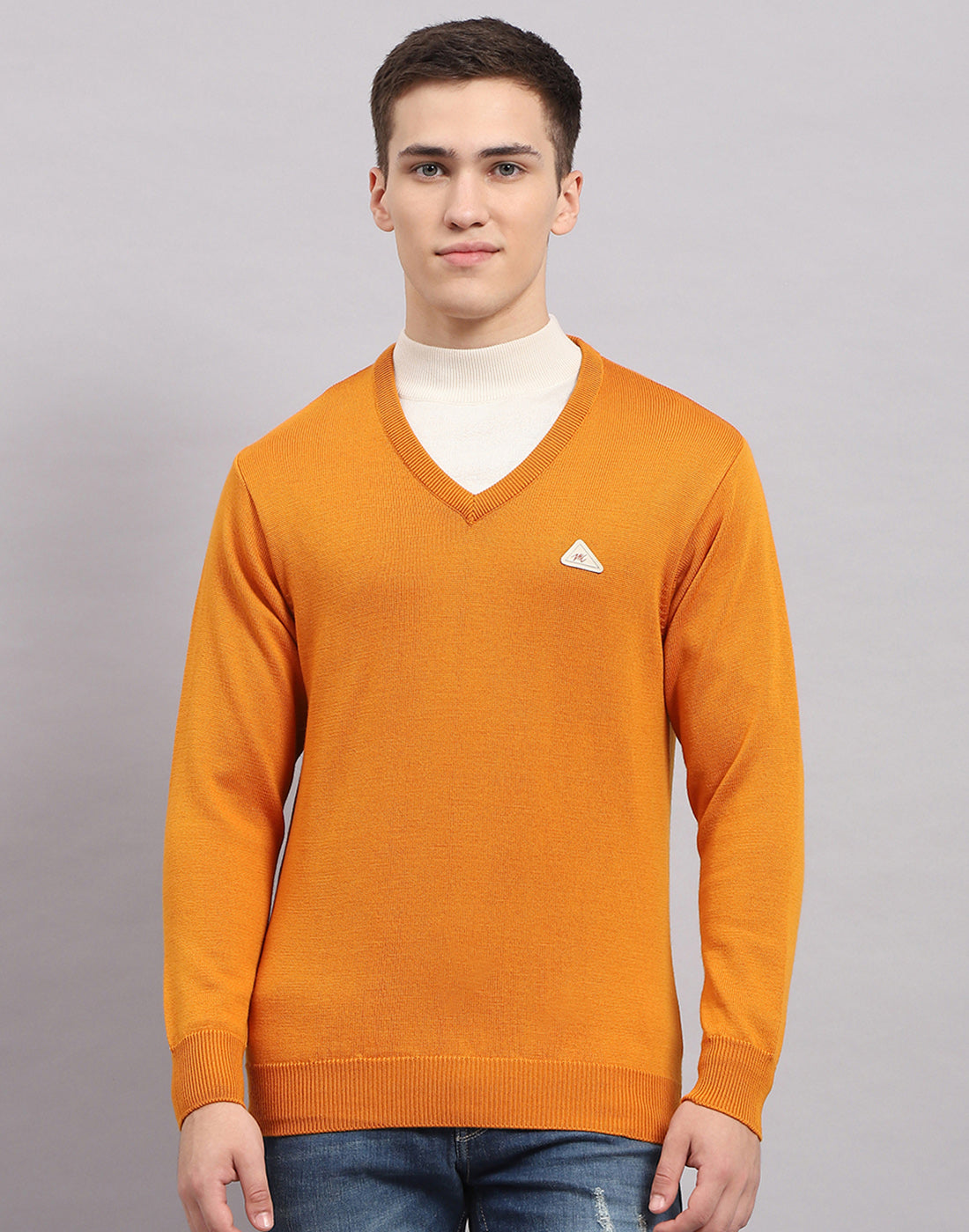 Men Orange Solid V Neck Full Sleeve Pullover