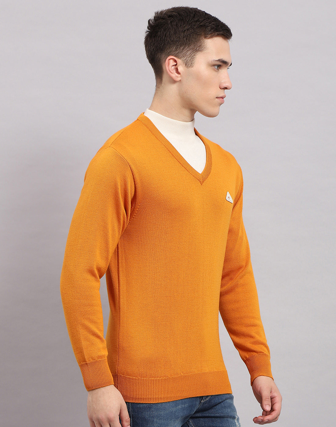 Men Orange Solid V Neck Full Sleeve Pullover