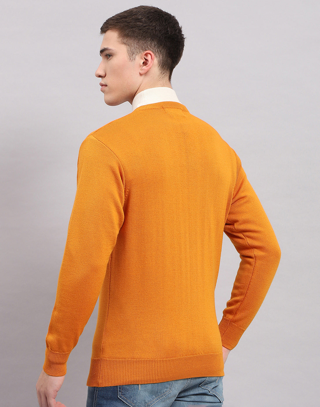 Men Orange Solid V Neck Full Sleeve Pullover