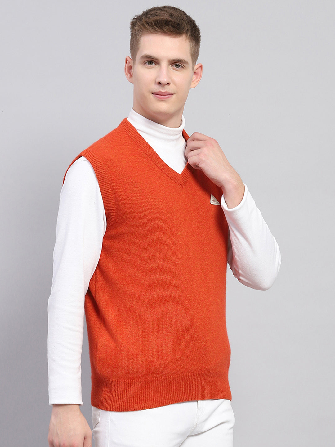 Men Orange Solid V Neck Sleeveless Sweater