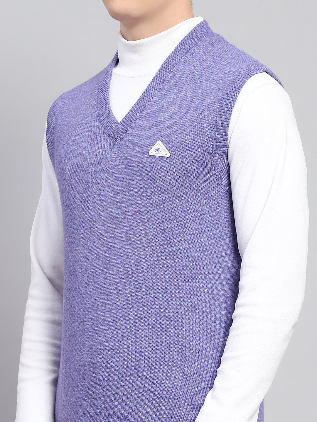 Men Purple Solid V Neck Sleeveless Sweater