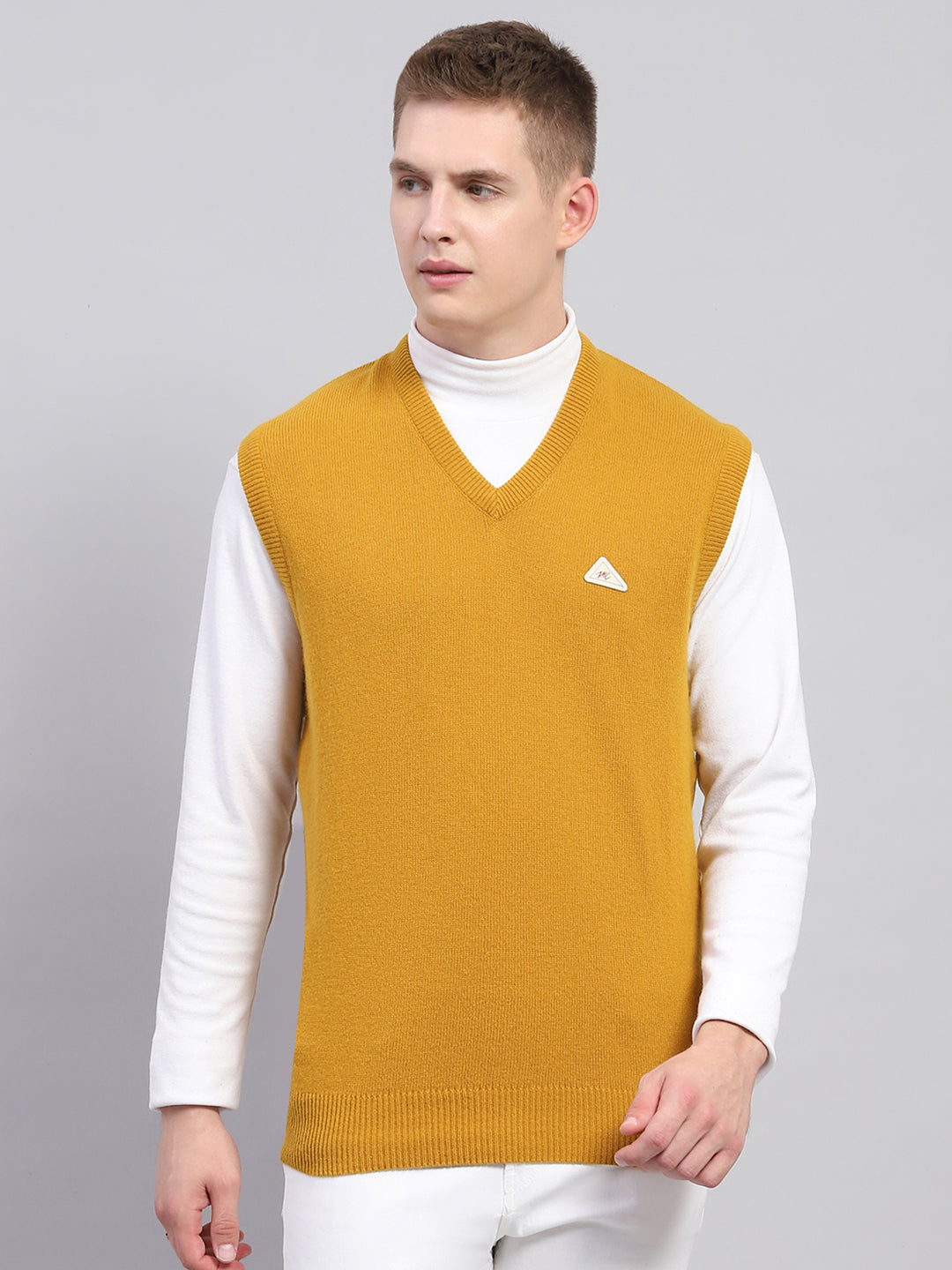 Men Mustard Solid V Neck Sleeveless Sweater