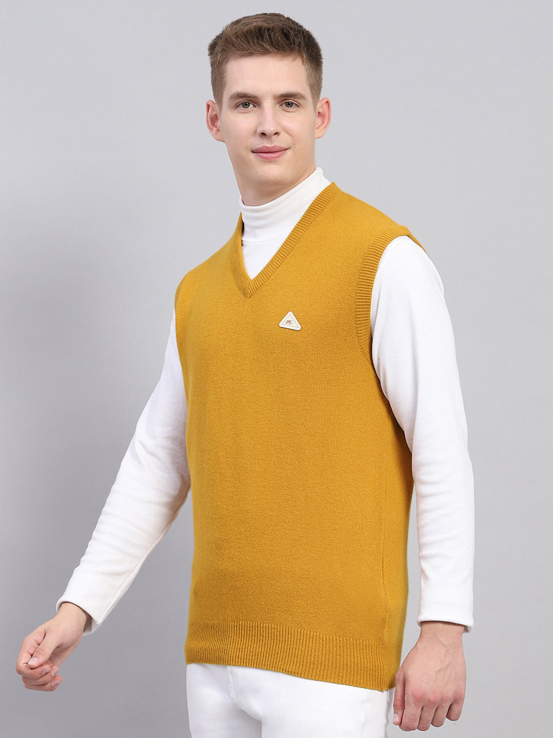 Men Mustard Solid V Neck Sleeveless Sweater