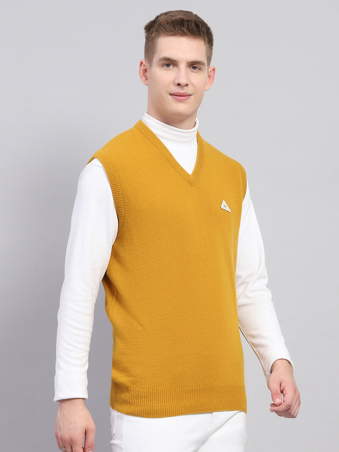 Men Mustard Solid V Neck Sleeveless Sweater