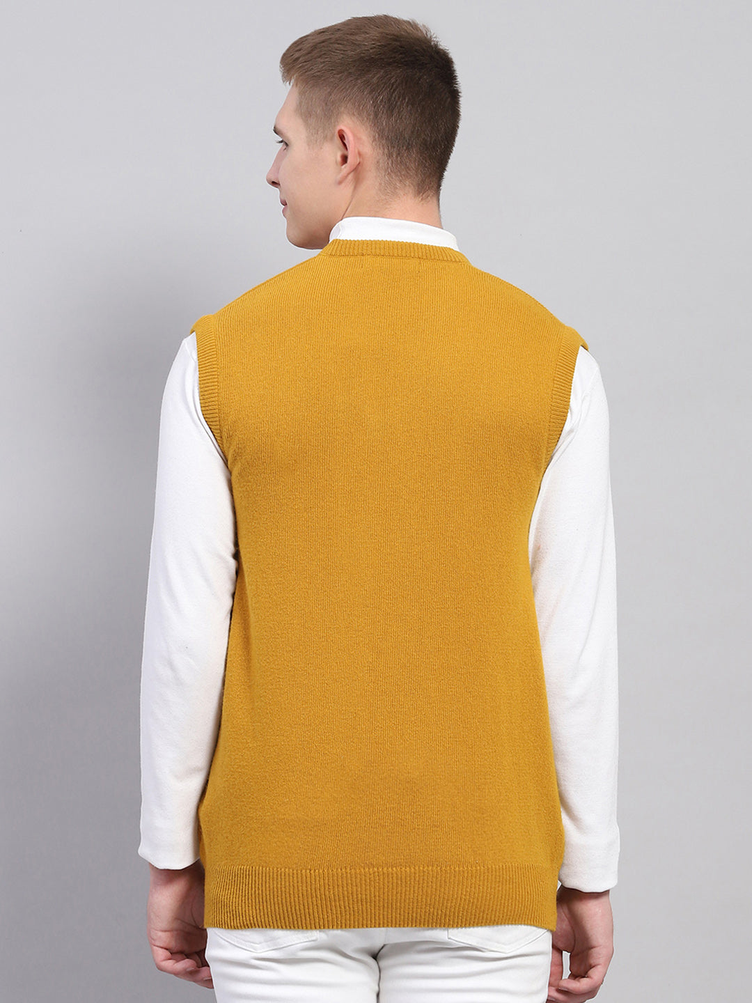 Men Mustard Solid V Neck Sleeveless Sweater