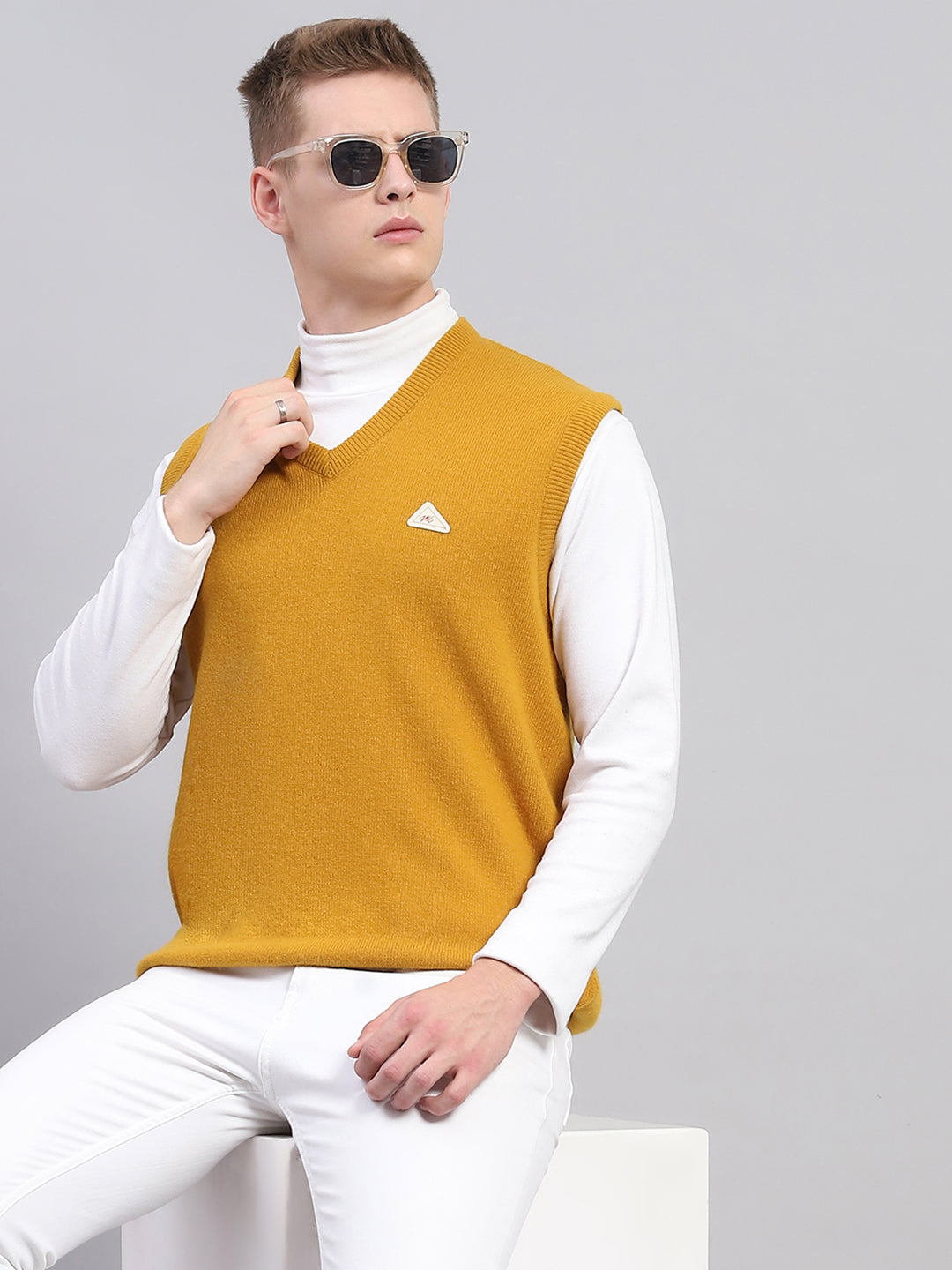 Men Mustard Solid V Neck Sleeveless Sweater