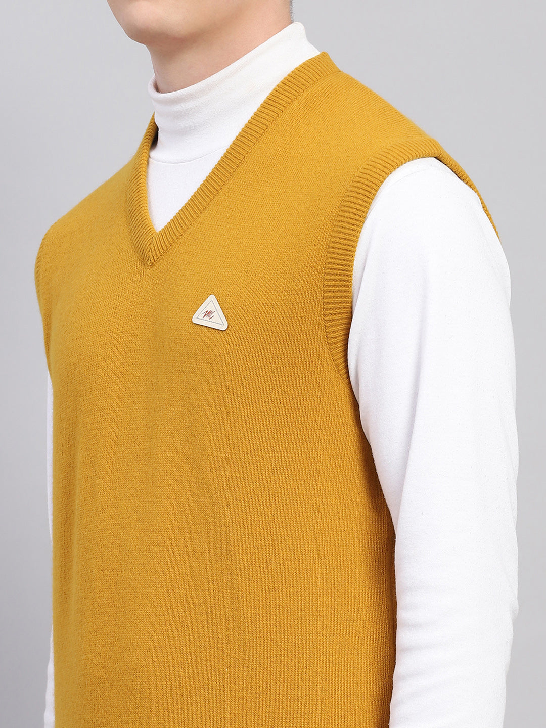 Men Mustard Solid V Neck Sleeveless Sweater