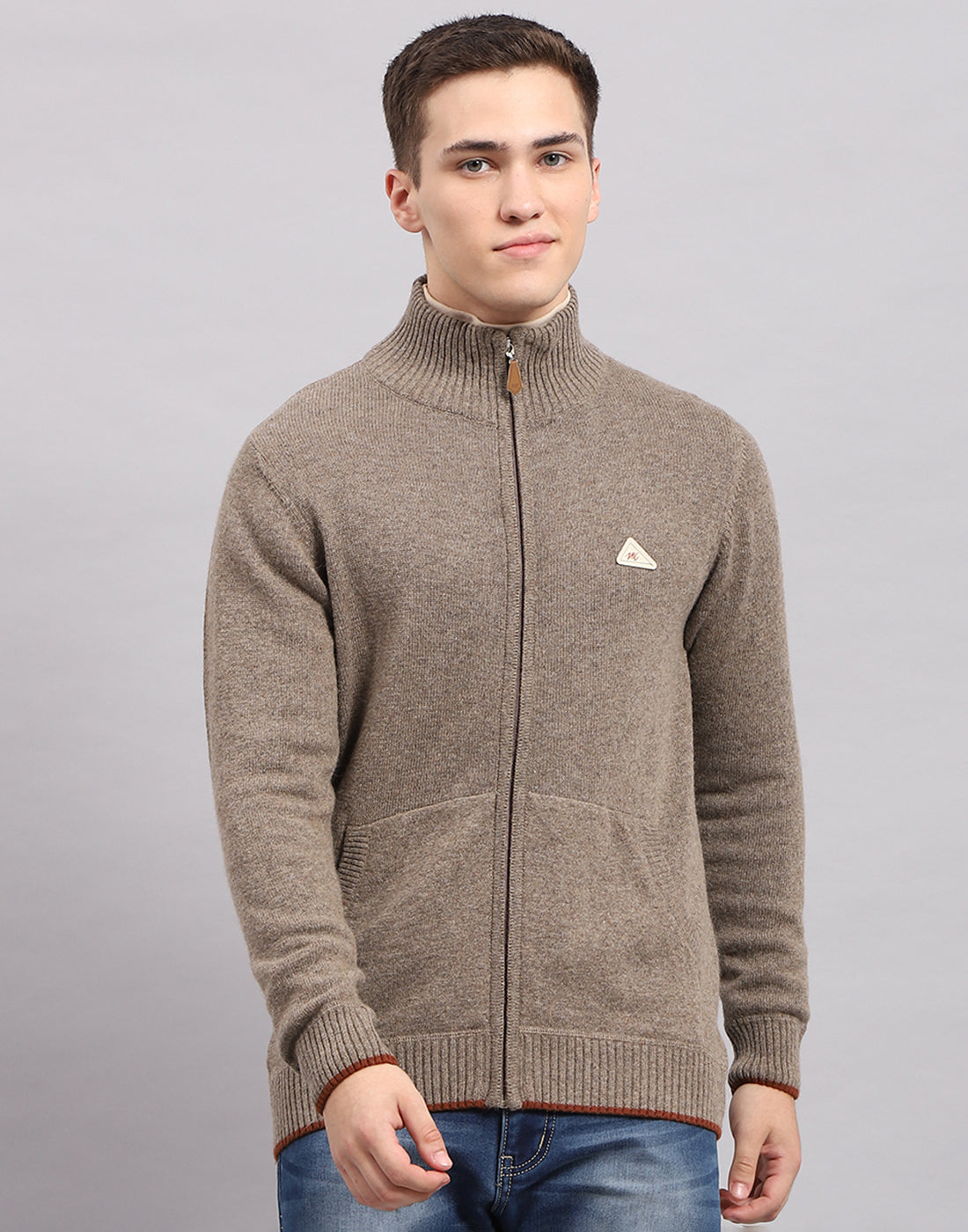 Men Brown Solid Mock Neck Full Sleeve Pullover