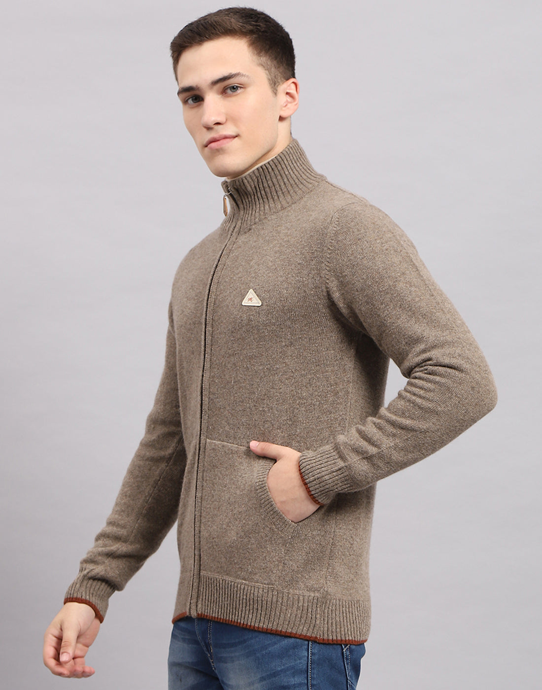 Men Brown Solid Mock Neck Full Sleeve Pullover