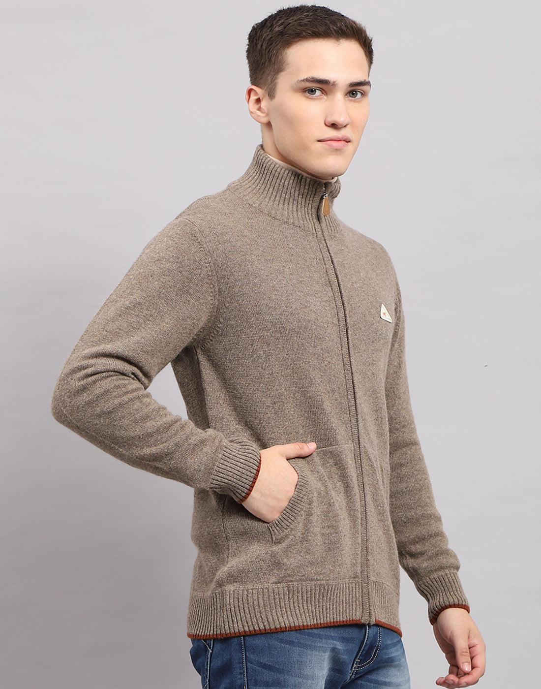 Men Brown Solid Mock Neck Full Sleeve Pullover