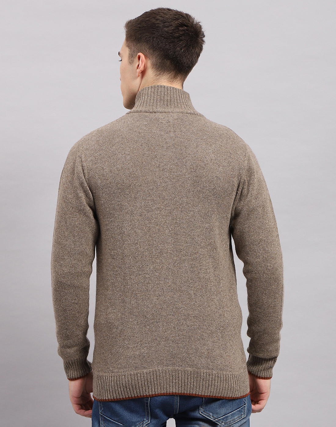 Men Brown Solid Mock Neck Full Sleeve Pullover